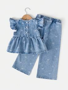 Young Girl Cute Bow Print Puff Sleeve Denim Top And Jeans Set, Suitable For Casual Daily Fashion Wear, City Walk Girl Essential Item, Minimalist Versatile Daily OOTD Photo Shoot And Outing - Medium Wash - View 2