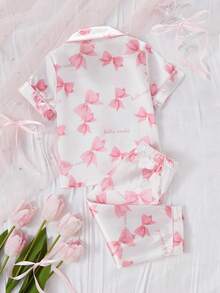 2pcs/Set Toddler Girls' Light Pink Taffeta Bow & Ribbon Print Short Sleeve Cardigan And Pants Casual Pajamas - White - View 2