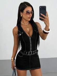 StreetHx Women's Deep V-Neck Zipper Front Fitted Sexy Sleeveless Denim Dress - Black - View 1