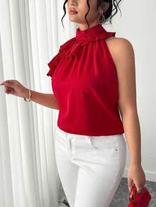 Elenzga Red Plain Cold Shoulder Sleeveless Plus Size Top With Ruffle Stand Collar Elegant Blouse - Red - View 4