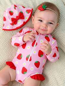 SHEIN 新生儿草莓雏菊印花插肩长袖连体泳衣 - 紅色 - 查看 3