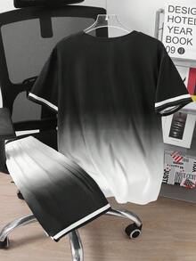 SHEIN Vacaura 2件套青少年男童休闲圆领短袖上衣和短裤套装，夏季 - 黑與白 - 查看 2