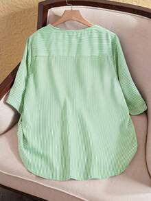 Rusticease Plus Size Casual/Work Striped Shirt, Spring/Summer - Green - View 3