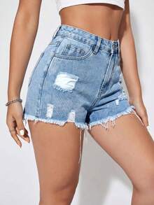 SHEIN Essnce Light Blue Frayed Hem Pockets Belted Casual Versatile Summer Denim Shorts - Light Wash - View 5