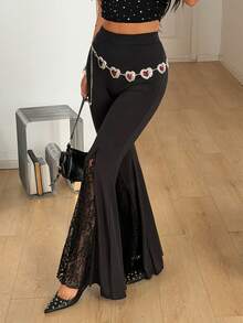 Coolane Women's Fall Summer All-Season Goth Y2K Grunge Halloween Outfits Club Outfits Sexy Country Concert Y2K Black Lace Petite Bell Bottoms Pants - Black - View 3