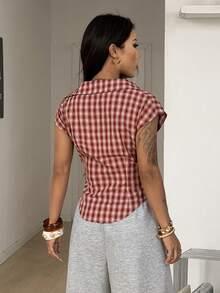 Coolane Women's Spring/Summer Chic Streetwear Y2K Back To School Casual Concert Outfit Plaid Graphics V-Neck Bustier Lapel Short Shirts - Red - View 6