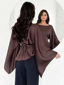 Firerie Women's New Elegant Romantic Casual Urban Commute Elegant Fashion Versatile Coffee Brown Round Neck Batwing Long Sleeve Tie-Waist Irregular Hem Regular Fit Blouse, Suitable For Teachers, Autumn/Winter/Spring - Brown - View 3
