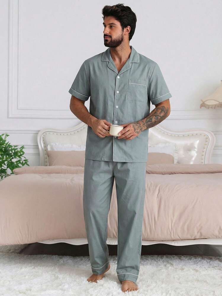 Men's Solid Blue Short Sleeve Shirt And Shorts Pajama Set, Spring/Summer