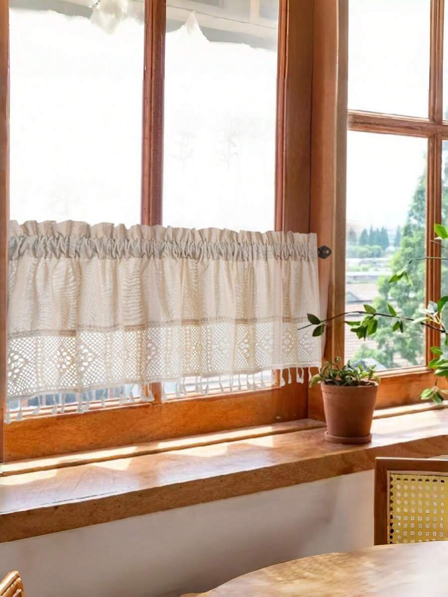 Cirelle 优雅流苏花边窗帘 – 成品半幅窗帘，日式房间隔断，适用于咖啡馆、公寓和舒适角落的装饰性薄纱窗帘 - 米色 - 查看 1