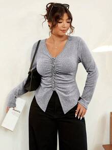 Vionelle Áo thun dài tay dáng ôm cổ chữ V, xếp ly, kẻ sọc, chất liệu dệt kim mềm mại, cỡ lớn, giúp thon gọn vóc dáng, thích hợp cho mùa thu/đông. - Màu Xám nhạt - Xem 3