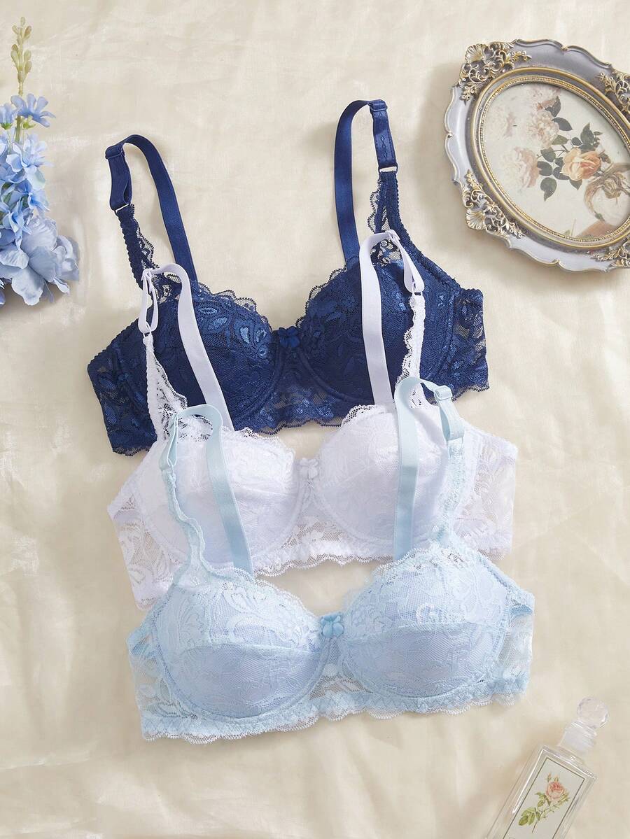 DesireSculpt 3pcs/Set Women's Minimalist Underwire Bra, Sexy Lace Romantic French Style Lingerie - Multicolor - View 1