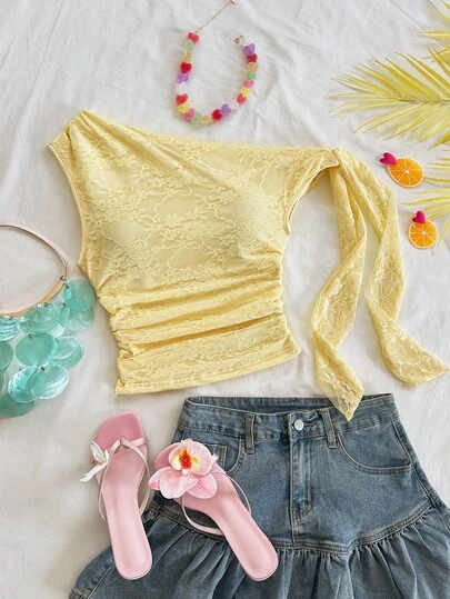 Soleia Vacation Outfits For Women Going Out Outfits  Beach Outfit For Women Summer Holiday Outfits Vacation Sexy Asymmetrical Shoulder Tie Strap Flowy Fitted Light Yellow Women's Top, Suitable For Party, Vacation, Music Festival, Bohemian, Holiday Date, Afternoon Tea