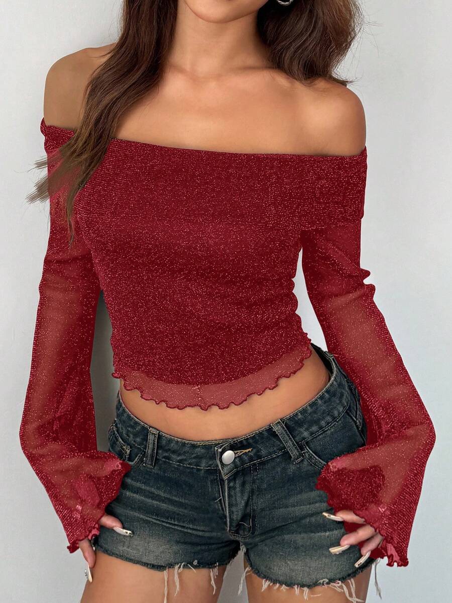 SHEIN EZwear 玫瑰红针织网眼亮面纱露肩女式上衣，春夏款 - 玫瑰紅 - 查看 1