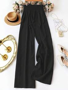 SHEIN PETITE CURVE Quần nữ màu đen trơn, chất liệu có họa tiết, thắt nơ ở eo, cạp chun co giãn, giúp thon gọn vóc dáng, kiểu dáng rộng rãi, thoải mái cho mùa xuân/hè, thích hợp mặc hàng ngày. - màu đen - Xem 2