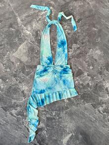 INAWLY Women's Tie-Dye Print Ruffle Hem Halter Neck Sleeveless Dress - Baby Blue - View 3