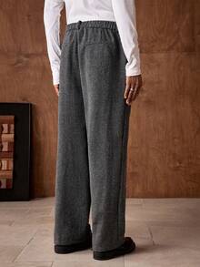 AKNOTIC Men's Wool Herringbone Pattern Wide Leg Pants,Light Grey Autumn Vintage Date High Waisted Button Placket Pocket Casual Baggy Dress Up Formal Pants - Black - View 8