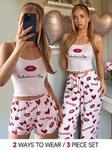 SHEIN EZwear Ensemble casual femme avec débardeur et short imprimés léopard, cœur et nœud papillon - Rouge - Voir 2