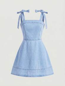 SHEIN MOD Women's Fashionable Tie-Shoulder Denim Dress, Summer