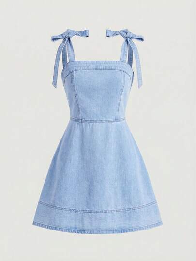 SHEIN MOD Women's Fashionable Tie-Shoulder Denim Dress, Summer