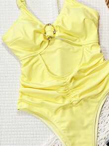 Swim SXY Bộ bikini liền thân mùa hè màu đen với dây đeo dày, khoét lỗ, trang trí vòng xoắn kim loại, kiểu dáng thường ngày, thích hợp đi biển cho nữ. - Màu vàng - Xem 3