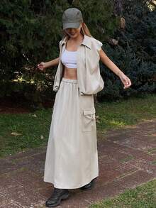 Livesso 女士休闲宽松外套，翻领设计，腰部抽绳，配有大口袋，搭配直筒半身裙，两件套，适合春夏穿着。 - 卡其色 - 查看 6