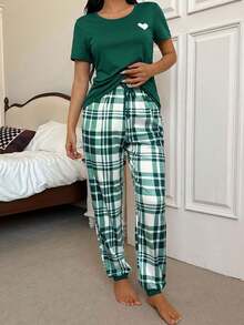 Heart Print Short Sleeve Top And Plaid Print Pants Women Pajama Set, Casual - Green - View 3