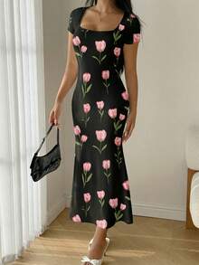 Modelyn Summer Sweetheart Neckline Mermaid Ruffle Hem Bodycon Dress Tulip Dress Long Dress Summer Floral Print Dress Spring Long Bodycon Dress Short Sleeve Dress - Multicolor - View 6