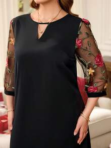 EMERY ROSE 大码女式镂空领口花卉刺绣网纱拼接七分袖优雅中长连衣裙 - 彩色 - 查看 7