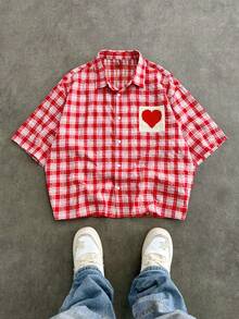 SWAVVY 男士休闲度假风心形针织格子印花宽松衬衫，夏季 - 紅色 - 查看 4