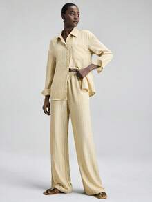 Ontre 2026 New Spring/Summer Women's Business Casual Minimalist Fashion Commuter Striped Fabric Yellow Woven Fabric Long Sleeve Shirt And Wide Leg Pants 2-Piece Set 2 Piece Sets Woman Summer Suit Sets For Women - Green - View 7