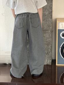 DAZY 青少年男童条纹口袋休闲百搭日常阔腿牛仔裤 - 藍色 - 查看 8