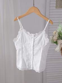 SHEIN 女童休闲花卉蕾丝边吊带背心，适合外出、度假穿着，夏季款