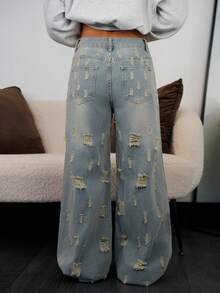 SAYEHFBABY Women's Casual Distressed Wide Leg Jeans - Blue - View 2