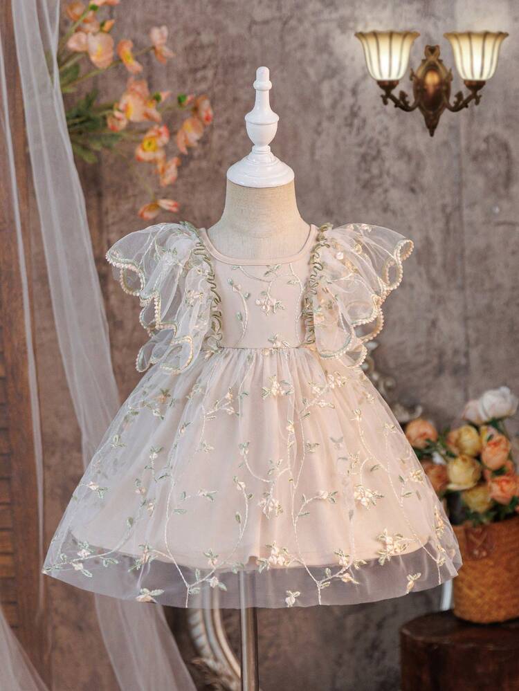 SHEIN Vestido elegante y lindo con volantes de tul bordado floral para niña bebé - Multicolor - Añade 2