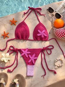 Swim Mod Women's Sexy Casual Beach Vacation Cute 3D Starfish Halter Neck Tie Cover Up - Hot Pink - View 1