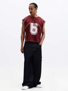 SUMWON 宽松印花网眼背心，胸前印有数字六图案，并饰有白色滚边细节。 - 紅色 - 查看 3