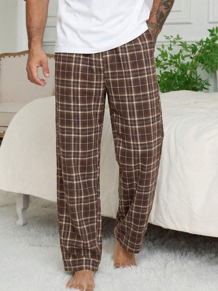 Men's Plaid Elastic Waist Long Lounge Pants, Spring/Summer