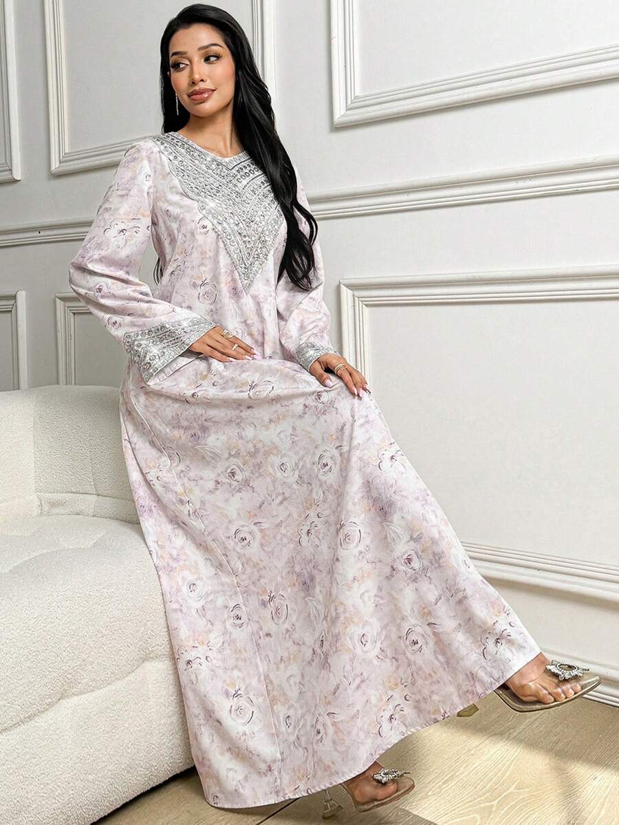 Al Najma Women's Floral Pattern V-Neck Long Sleeve Elegant Arabic Dress - Mauve Purple - View 1
