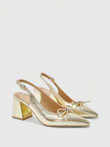 CUCCOO BIZCHIC Women's Classic Burgundy Pointed Toe Mid Chunky Heel Slip-On Pumps, Versatile For Commuting, Dating, Party, Holiday, Wedding For Christmas Spring Shoes - Gold - View 2