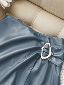 Franclia 女士休闲时尚街头风PU皮短裙，适合毕业典礼、教师节、返校季等场合 - 霧霾藍 - 查看 7