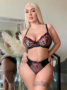 SHEIN 2 件大码网眼刺绣钢圈文胸套装，提升型 - 彩色 - 查看 4
