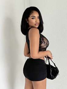 Alexandranx Black Top;Fall Women Clothes;Lace Top;Black Mesh See-Through Lace Jacquard Women's Sexy Party Tank Top - Black - View 5