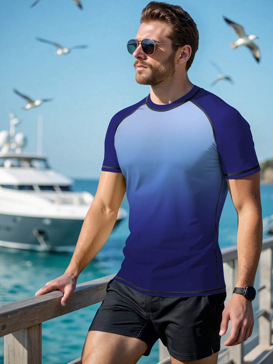 Manfinity KASUA Men's Ombre Round Neck Short Sleeve Rash Guard Swimwear - Royal Blue - View 1