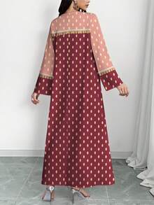 Al Najma Women's Polka Dot Colorblock Print V-Neck Long Sleeve Elegant Arabic Style Maxi Dress, Spring/Summer, Modest Dress - Multicolor - View 2