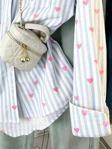 Airaco Plus Size Women Striped Heart Print Long Sleeve Single-Breasted Pocket Shirt - Baby Blue - View 4