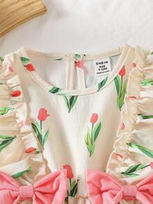 SHEIN Vintaside Kids 1件女婴可爱休闲紫色郁金香图案蝴蝶结装饰连衣裙，适合夏季、户外和度假穿着。 - 彩色 - 查看 6