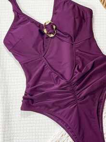 Swim SXY Summer Black Thick Strap Hollow Metal Twist Ring Decor Casual Beach Bikini One-Piece Swimsuit For Women - Purple - View 3