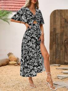 Breezaya Đầm maxi nữ kiểu dáng thắt nút xoắn phía trước, in hoa, xẻ tà bên hông, hở lưng. - màu đen - Xem 4