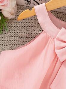 SHEIN Girls' Casual Black Contrast Collar Waist Knit Dress - Pink - View 5