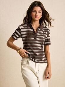 Poéselle Áo thun ngắn tay kẻ sọc phong cách thường ngày dành cho nữ, thích hợp mặc đi làm, mùa hè. - màu nâu - Xem 4